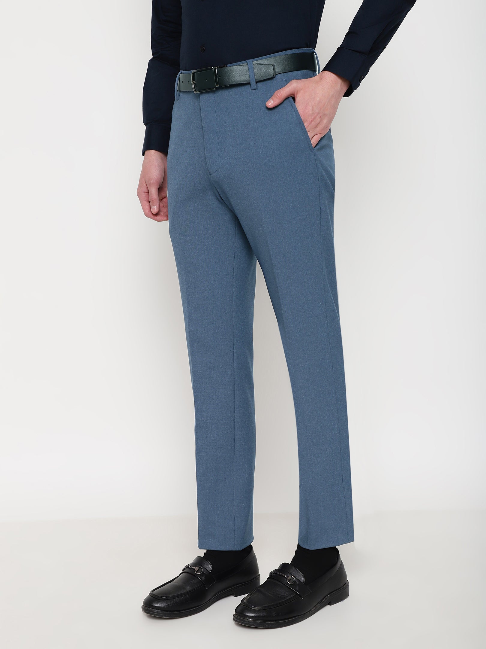 Aysoti Hamleaford Blue Slim Fit Double Buckle Pants - Aysotiman
